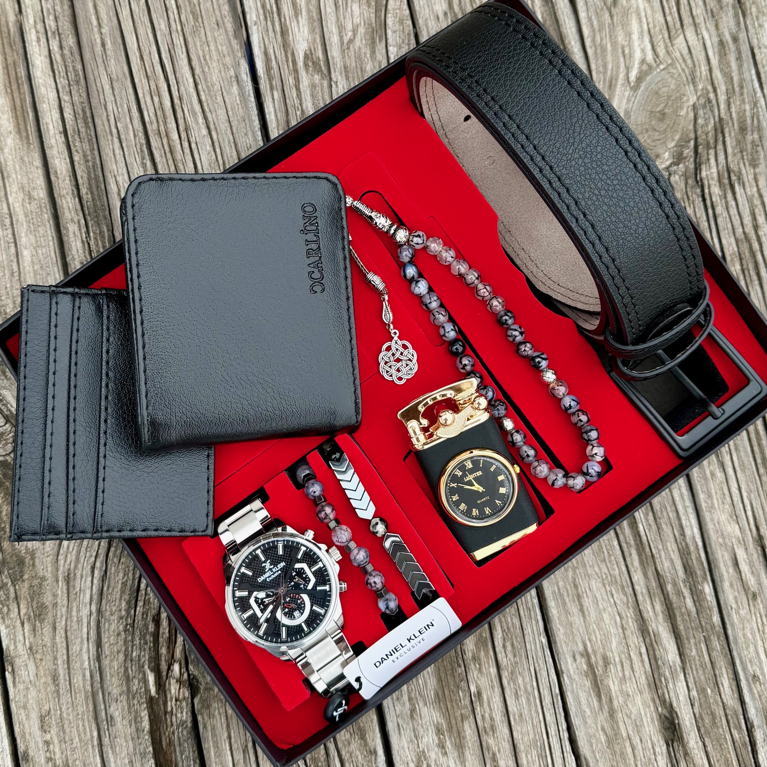 Orijinal Daniel Klein Kol Saati Kemer Cüzdan Kartlık Doğal Taş Tespih ve Bileklik Çakmak Seti DKLp44