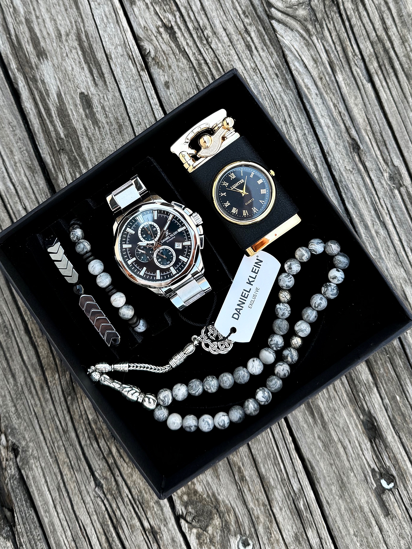 Orijinal Daniel Klein Kol Saati Doğal Taş Tespih ve Bileklik Çakmak Seti DKLN25