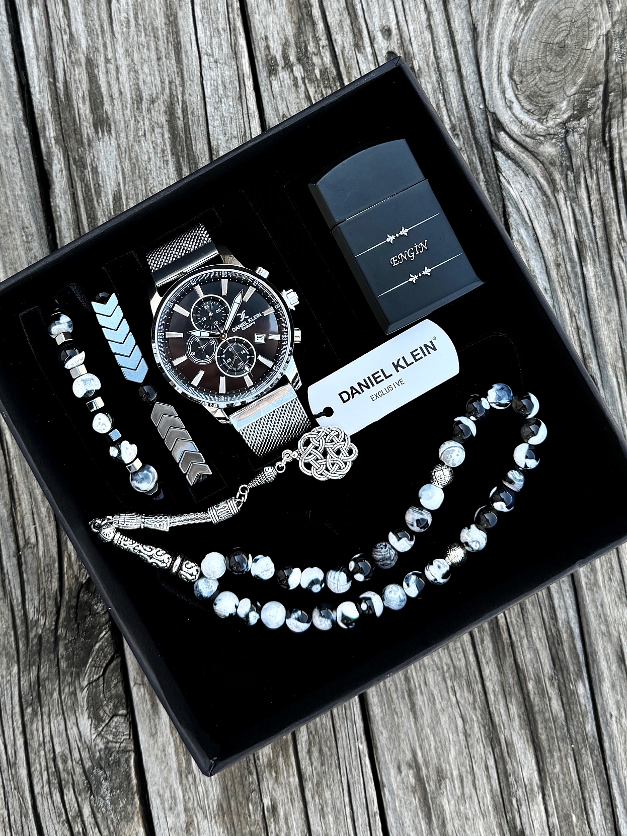 Orijinal Daniel Klein Kol Saati Doğal Taş Tespih ve Bileklik Çakmak Seti DKLN23