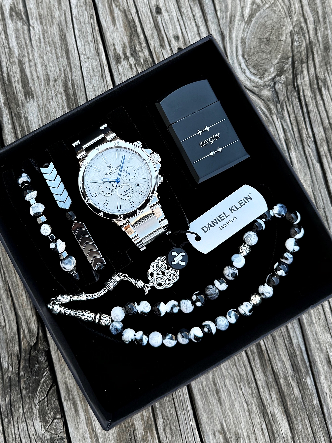 Orijinal Daniel Klein Kol Saati Doğal Taş Tespih ve Bileklik Çakmak Seti DKLN08