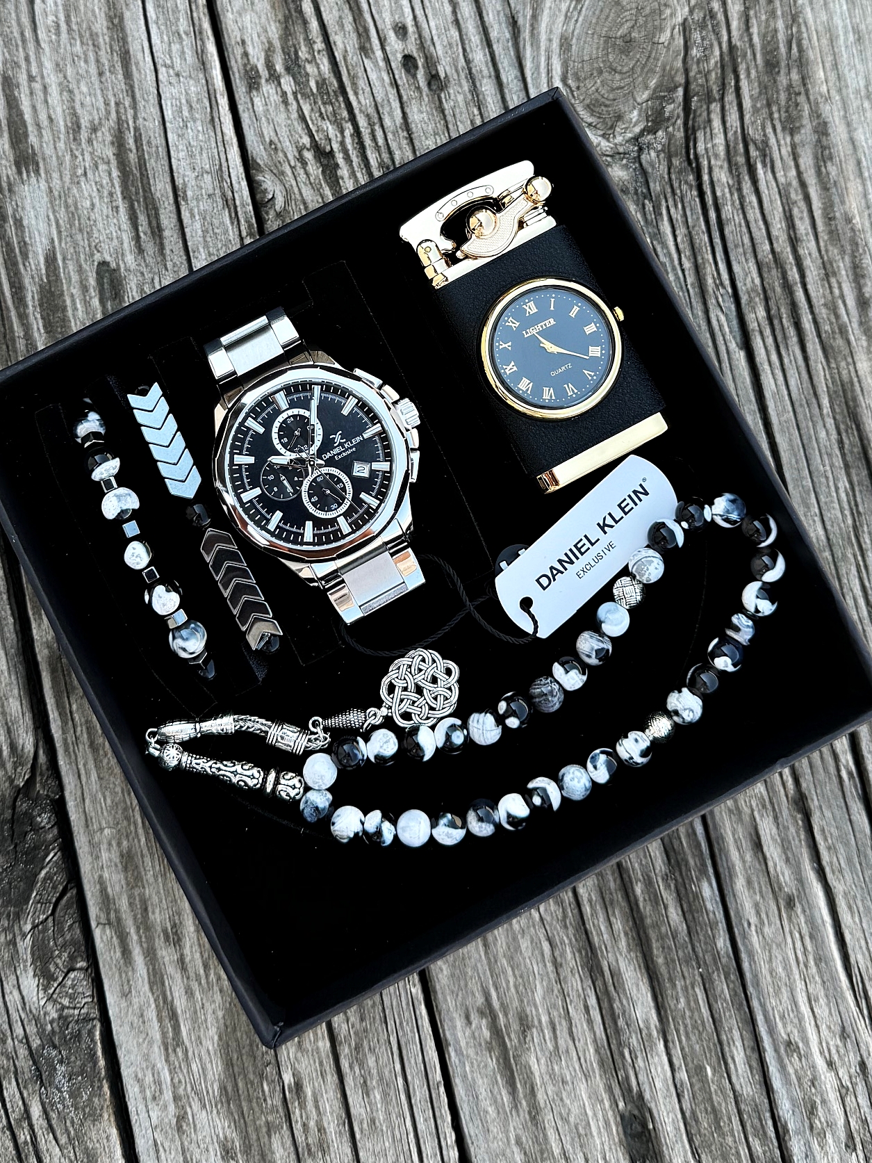 Orijinal Daniel Klein Kol Saati Doğal Taş Tespih ve Bileklik Çakmak Seti DKLN22