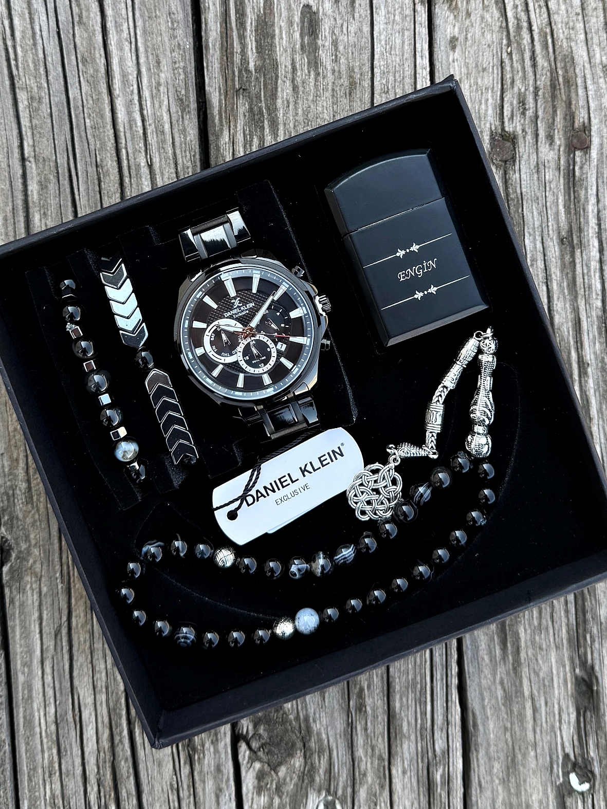 Orijinal Daniel Klein Kol Saati Doğal Taş Tespih ve Bileklik Çakmak Seti DKLN10